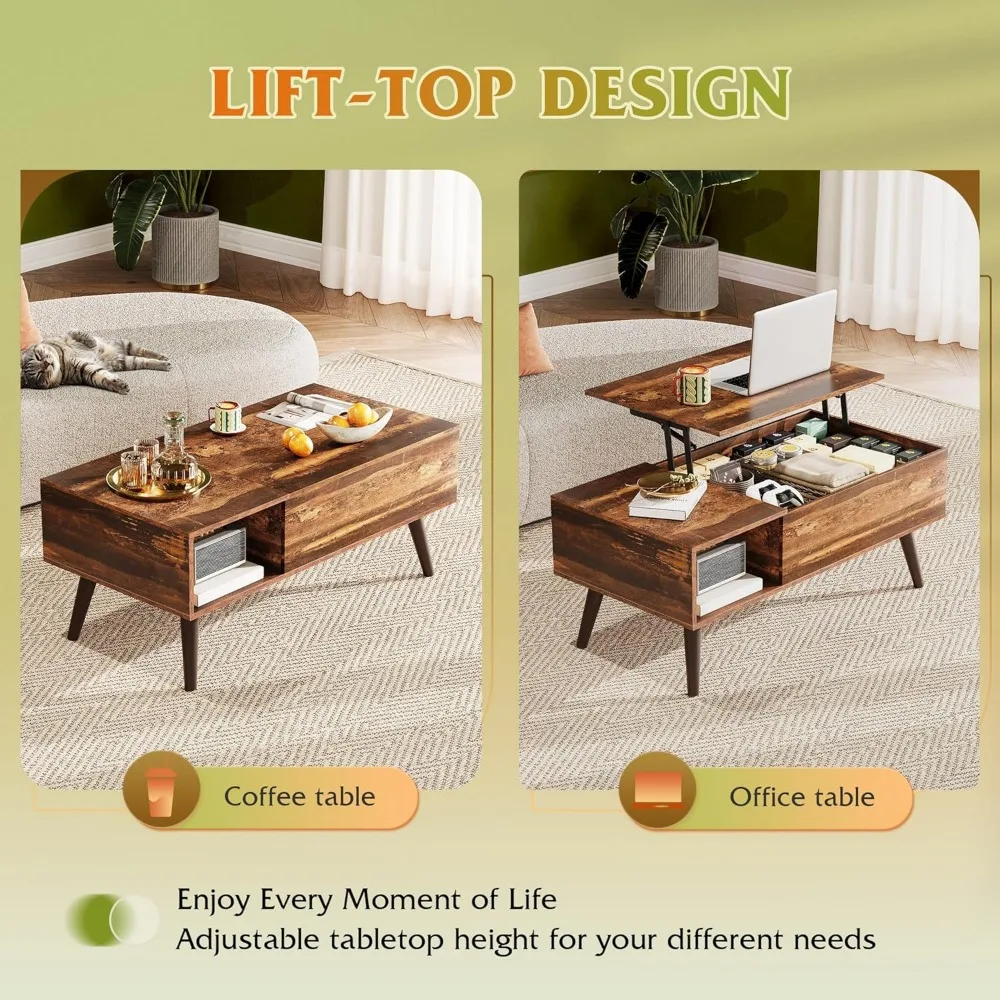 Lift Top Storage Coffee Table for Living Room, Small Wooden Dining Center Table with Storage, Space-Saving Furniture for Home