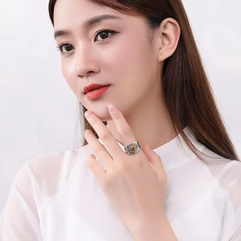 Buyee 925 Sterling Silver Flower Ring Finger Natural Carnelian Open Ring for Woman Fashion Ethnic Fine Jewelry Circle with Box