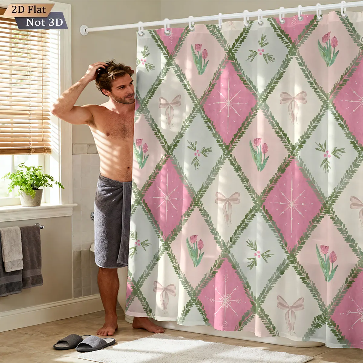 

1pc Grid Pink Floral Print Waterproof Shower Curtain Partition Privacy Hanging Curtain With 12 Hooks In Various Sizes
