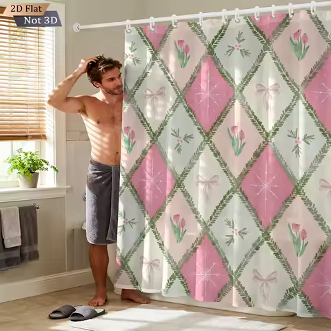 1pc Grid Pink Floral Print Waterproof Shower Curtain Partition Privacy Hanging Curtain With 12 Hooks In Various Sizes