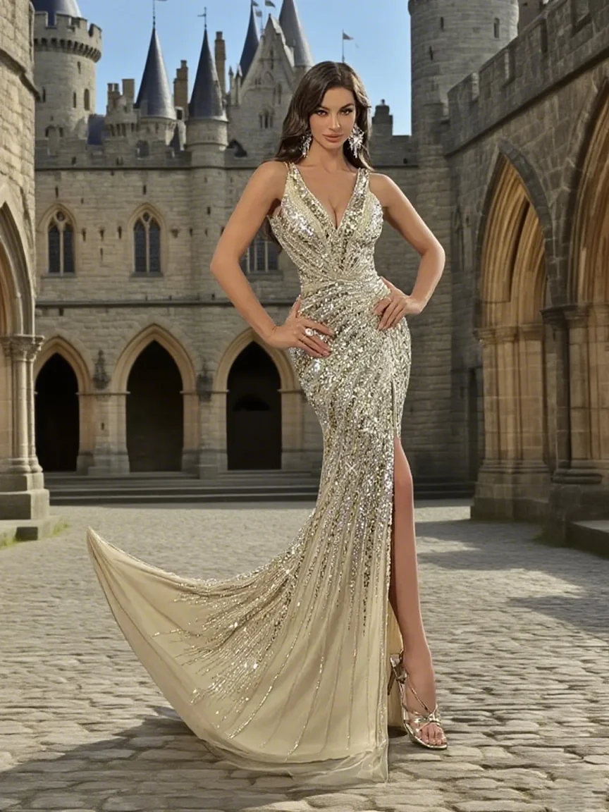 فساتين سهرة فاخرة بفتحة جانبية في المملكة العربية السعودية مطرز بحورية البحر للحفلات المسائية فساتين حفلات دبي حسب الطلب