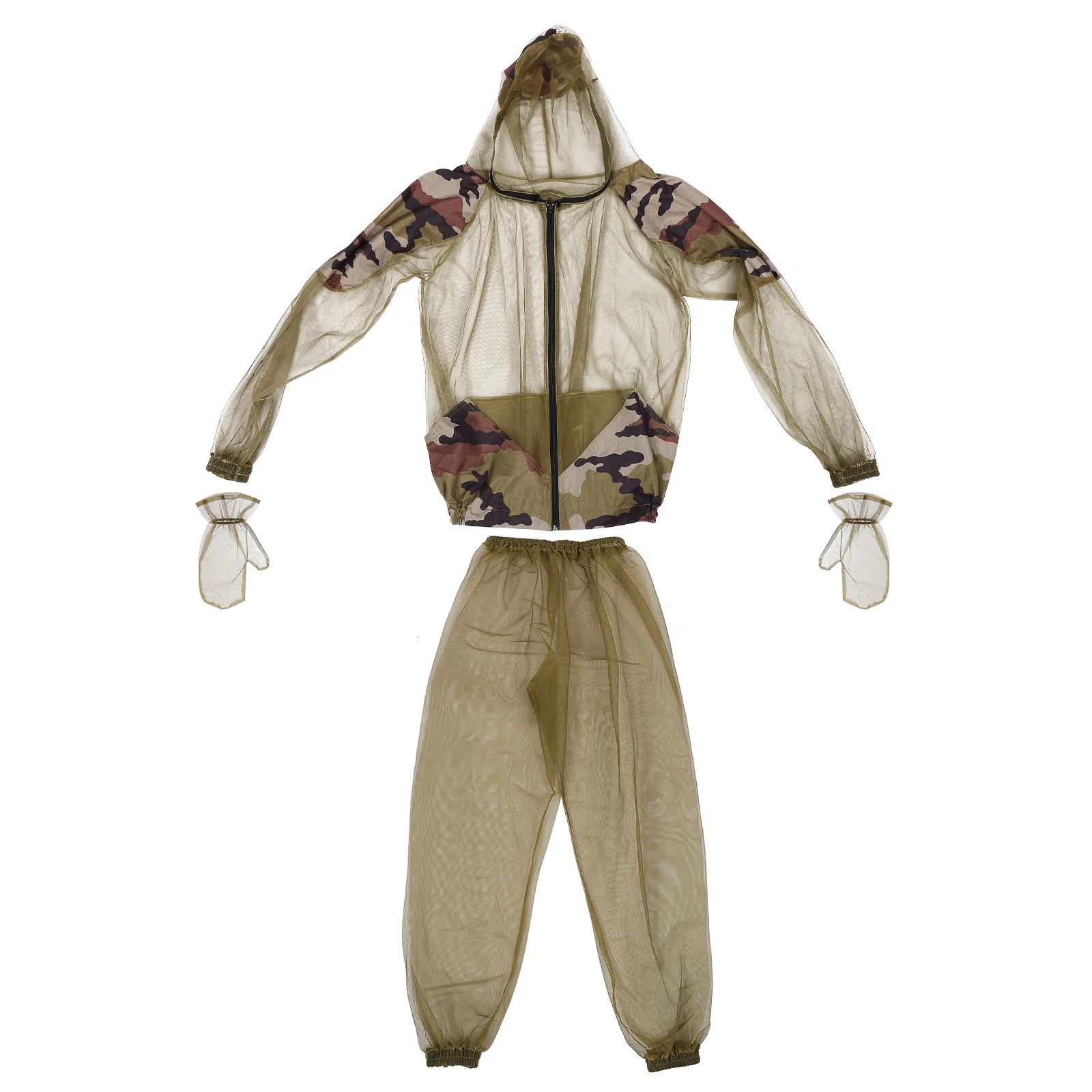 

Mens Camouflage Mesh Hooded Suit For Hunting Fishing Camping High Density Net Yarn Protective Clothes Elastic Waist Netting Suit