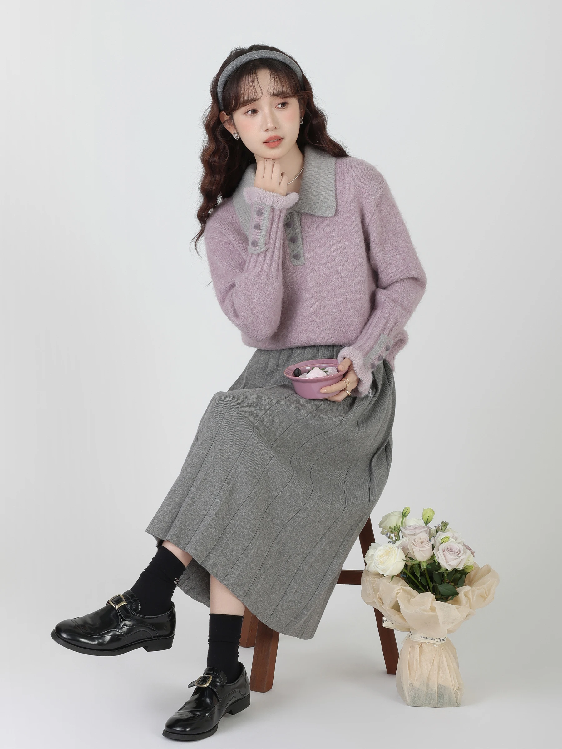 

Loose Women's Purple Sweater ey Pleated Skirt Autumn Winter New Sle Small Size Comfortable Knitwear Commute Sle