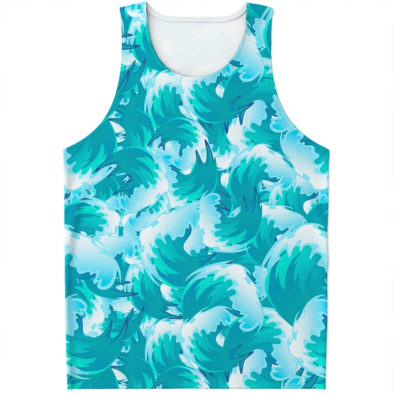 Ocean Waves Pattern Tank Tops Men Summer Sleeveless Surf Beach Vest Casual Cool 3D Printed Tee Shirt Tops Oversized Streetwear