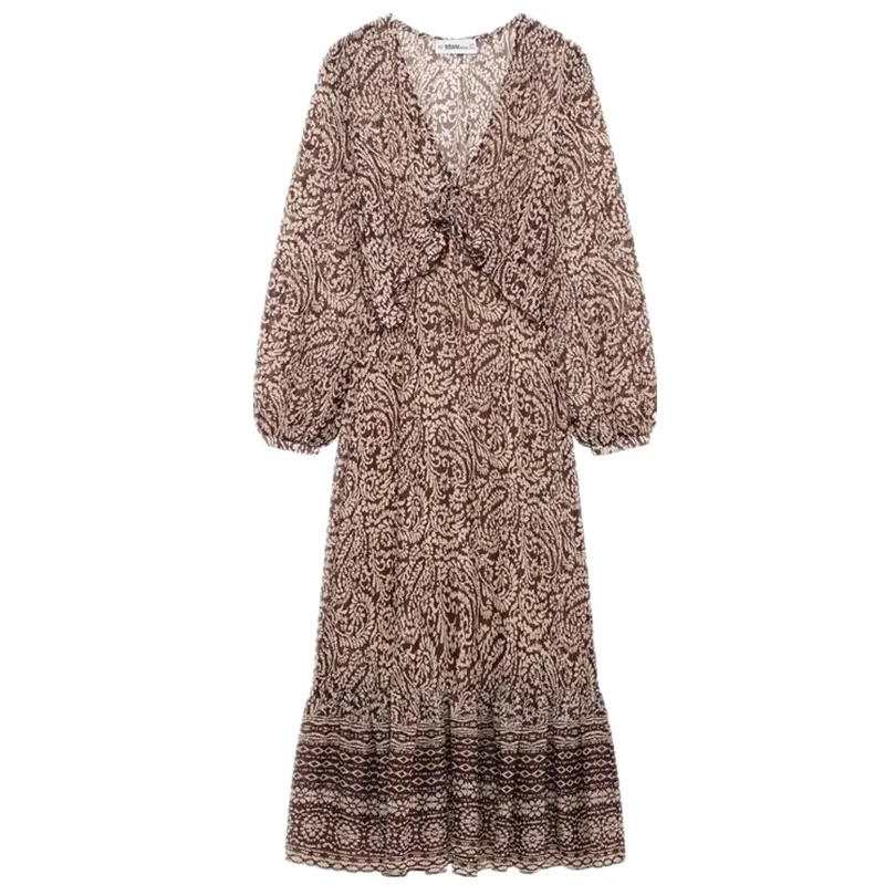 Novo Vestido Midi F Primavera 2025 com Decote em V, Decoração em Camadas, Estampa, Manga Longa, Estilo Casual, Peça Ún...