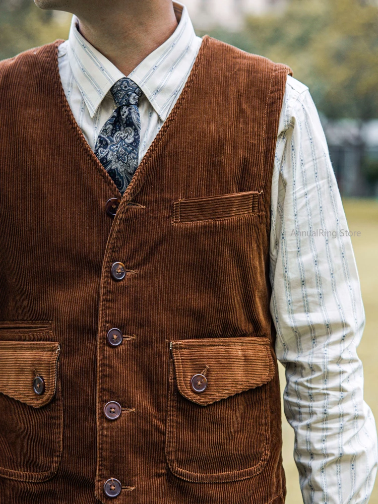 Red Tornado Vintage-Inspired Corduroy Vest Fall Winter Mens Casual V Neck Waistcoat