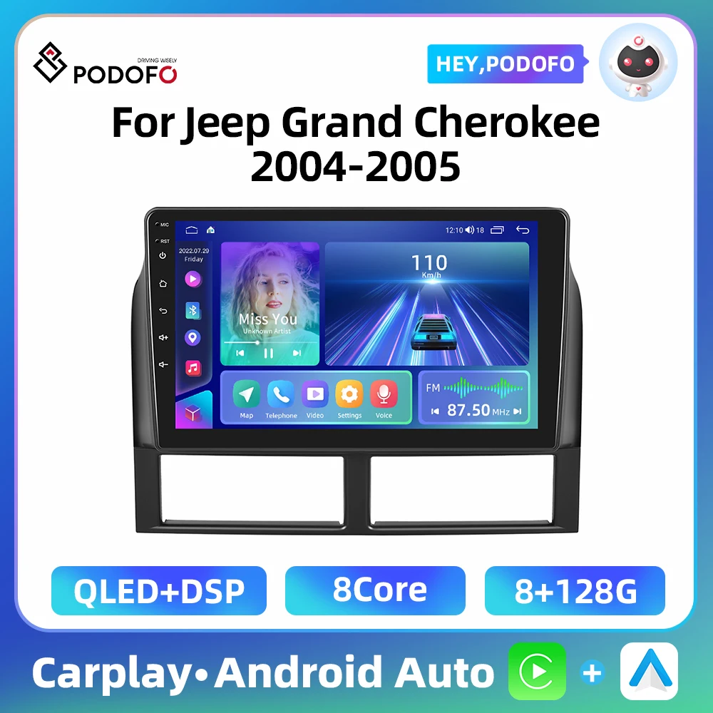 Podofo 2 Din Android Car Stereo Radio For Jeep Grand Cherokee 2004-2005 Carplay 4G WIFI DSP FM Bluetooth GPS Navigation Radio