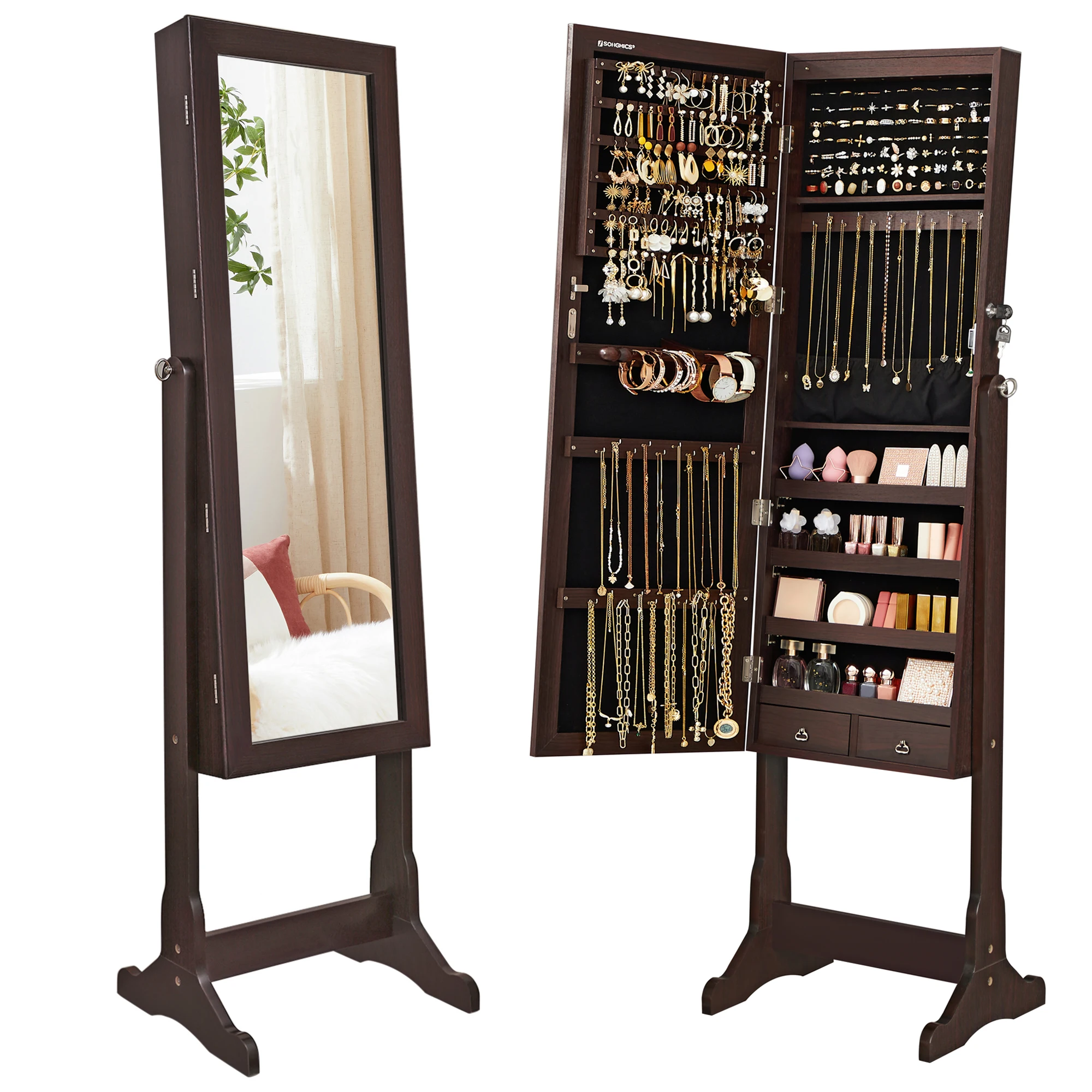 Full Length Mirror Standing Lights Jewelry Cabinet Eco Friendly Mirror Jewelry Armoire with LED