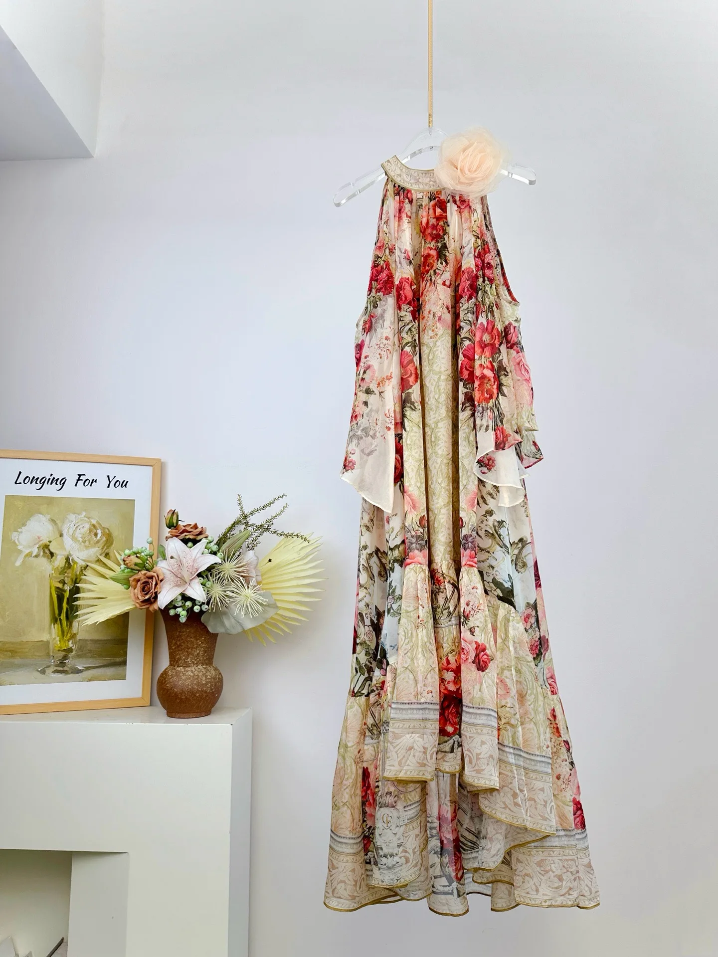 

100% Real Silk Resort Vacation Romantic Floral Long Dress Women Halter Ruffle Tiered Flowy Wedding Guest Dress High Quality Chic