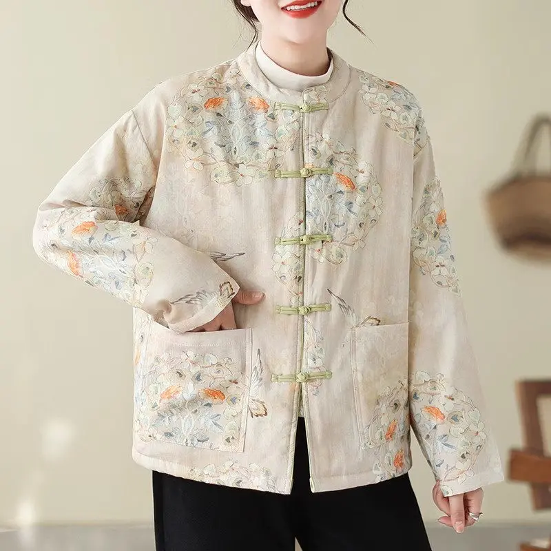 Chinese Style Cotton And Linen Printed Jacket For Women Autumn Winter Cotton Padded Coat Double Breasted Buttoned Top K2474