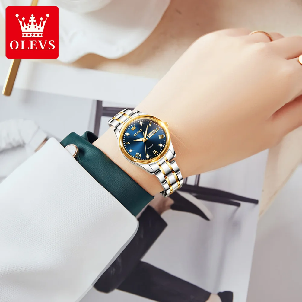 OLEVS-Reloj de pulsera de cuarzo para Hombre y mujer, cronógrafo Original de acero inoxidable, resistente al agua, de lujo, dorado