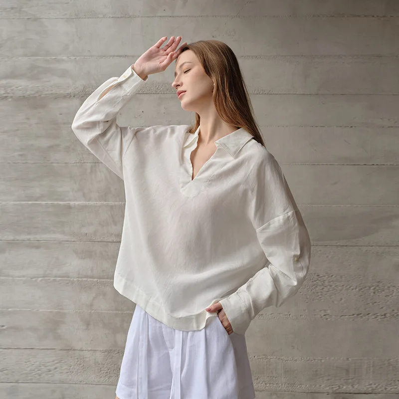 

Retro Long-sleeved Blouse Women White Solid-color Cotton Linen V-neck Lapel Shirts New Arrival Casual Loose Fashion Female Tops
