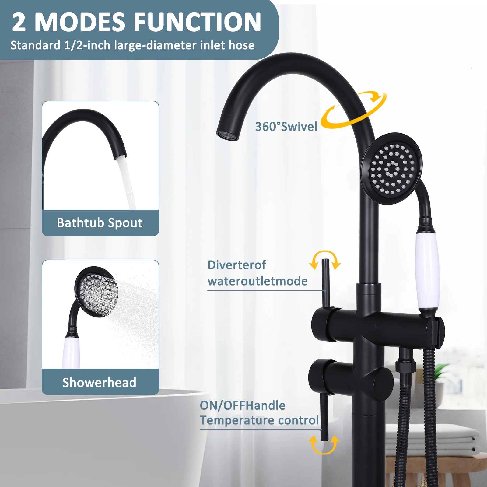 Standing High Flow Shower Faucets with Hand Sprayer Elegant Gooseneck Shower Mixer Taps Leakproof 360° Rotating for Bath Spouts
