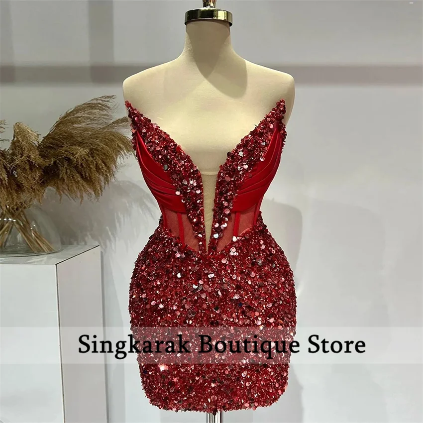 Luxury Red Short Prom Dress 2025 Sequins Birthday Party Robe Mini Cocktail Senior Homecoming Dresses 2025 Customized