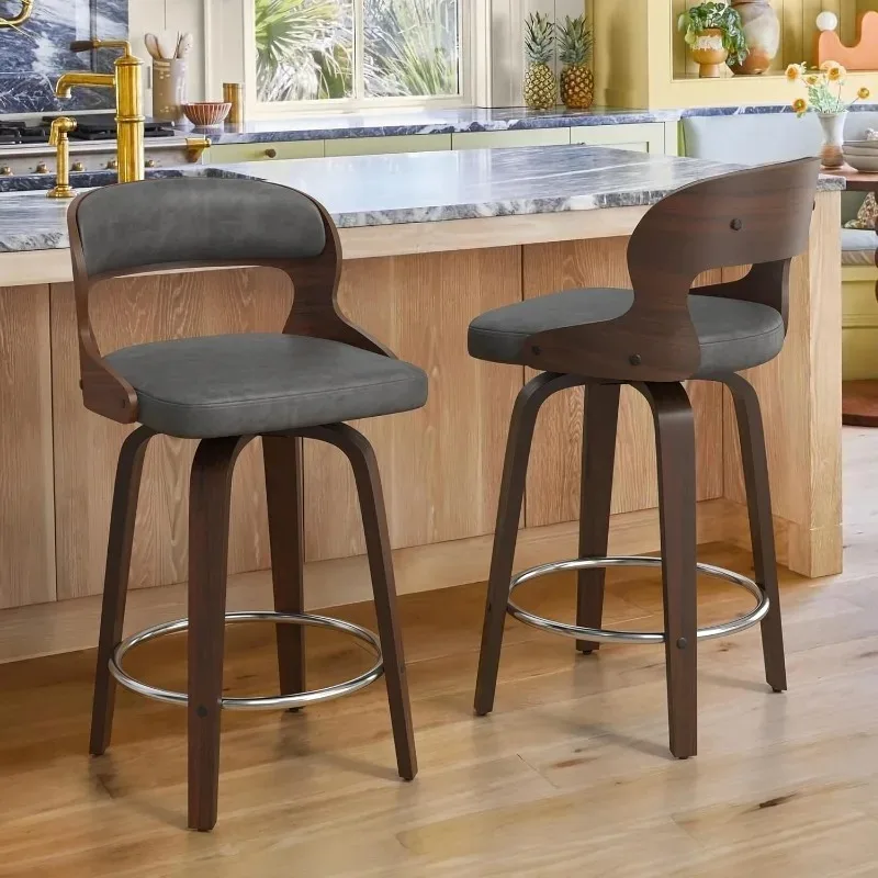 Falso couro giratório Contador Altura Bar fezes, Mid Century Bar Stool, Conjunto de 4, 26"