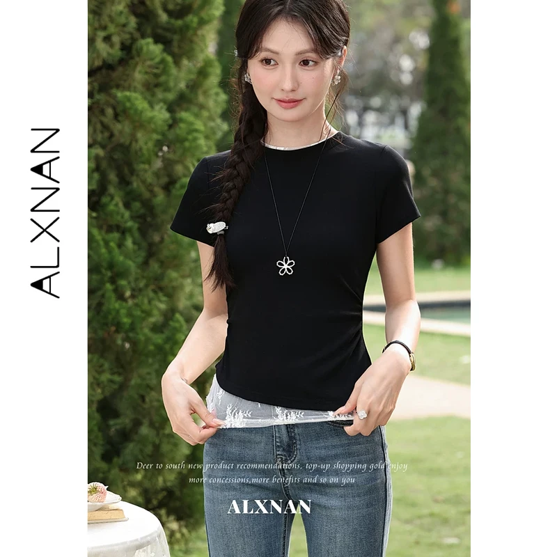 

ALXNAN Fake Two-piece Black T-shirt Women Summer New Lace Spliced Pleated Short Sleeve T-shirts 2026 Fashion Elegant Tops L63726