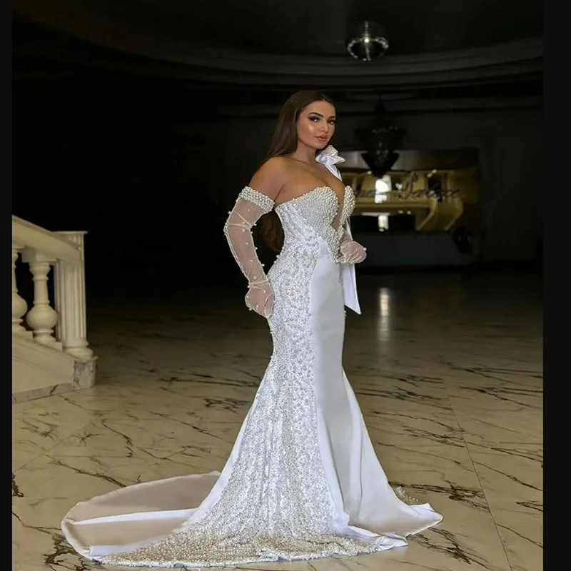 

Свадебное платье на одно плечо с блестящим жемчугом и бусинами, свадебное платье со шлейфом, Vestido De Noiva, свадебное платье на одно плечо с длинными рукавами