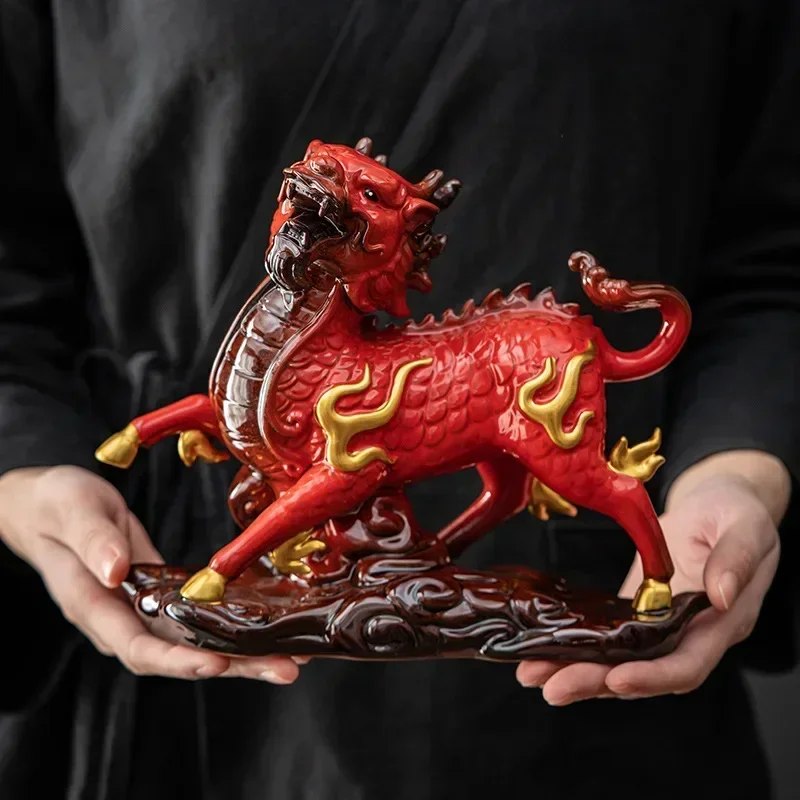 Ceramics Fire unicorn statue ，Traditional handmade ，Chinese mascot，Domineering Home Furnishing Living Room Feng Shui statue