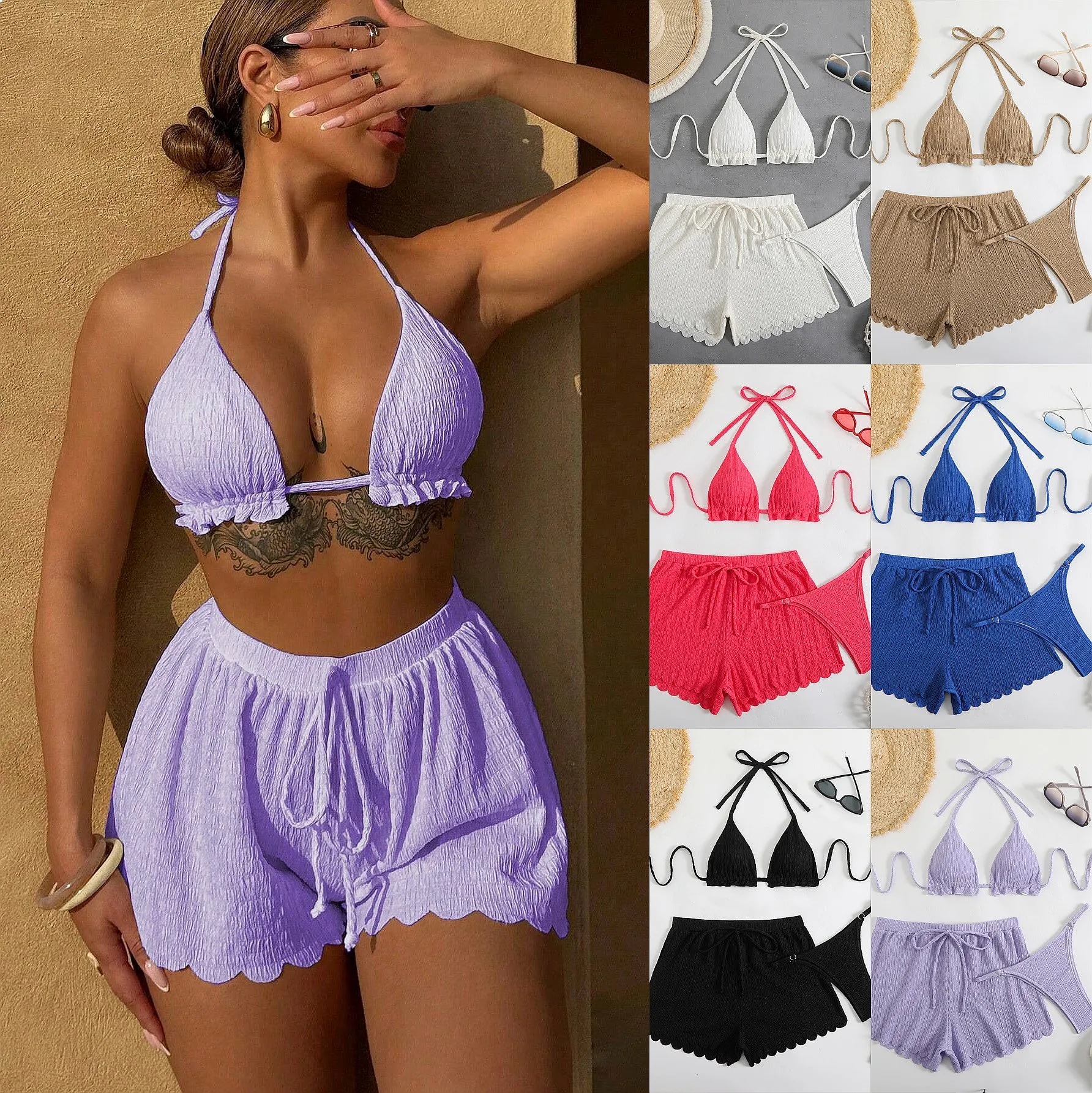 

2026 Solid Three Piece Push Up Sexy Bikini Set Padded Bathing Suit For Women Summer Beach Pool Vacation Swimwear