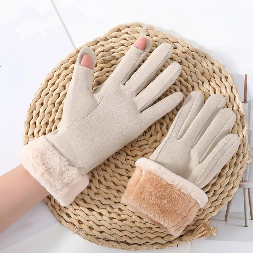 

Polar Fleece 2 Finger Flip Gloves Soft Touch Screen Women Anti-cold Mittens Faux Rabbit Fur Contrast Color