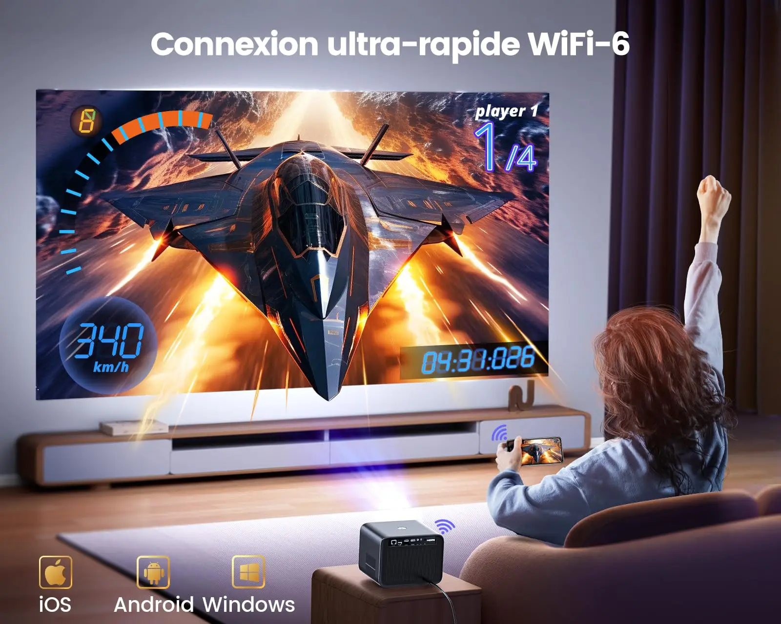 Projektor 4K WiFi 6 Obsługa Bluetooth Dolby 30000 lumenów Automatyczne ustawianie ostrości/Keystone Certyfikat Netflix Full HD 1080p Native Kino