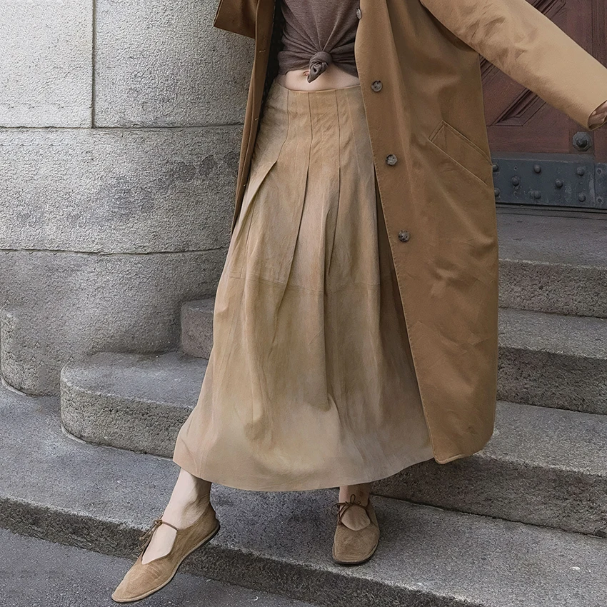 

Linad Vintage Khaki Pleated Long Skirts Street Chic High Waist Ankle Length Straight Skirt 2025 Autumn Elegant Knit Loose Skirts
