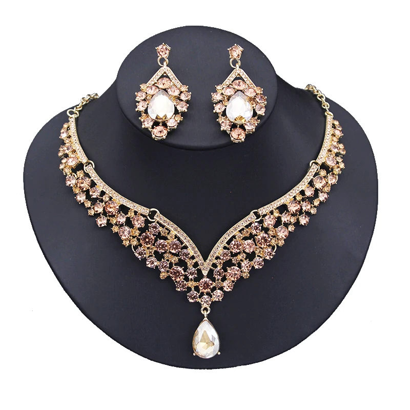 Champagne Crystal Wedding Choker Necklace Earrings Sets for Women Bridal Dubai Jewelry Sets Fashion