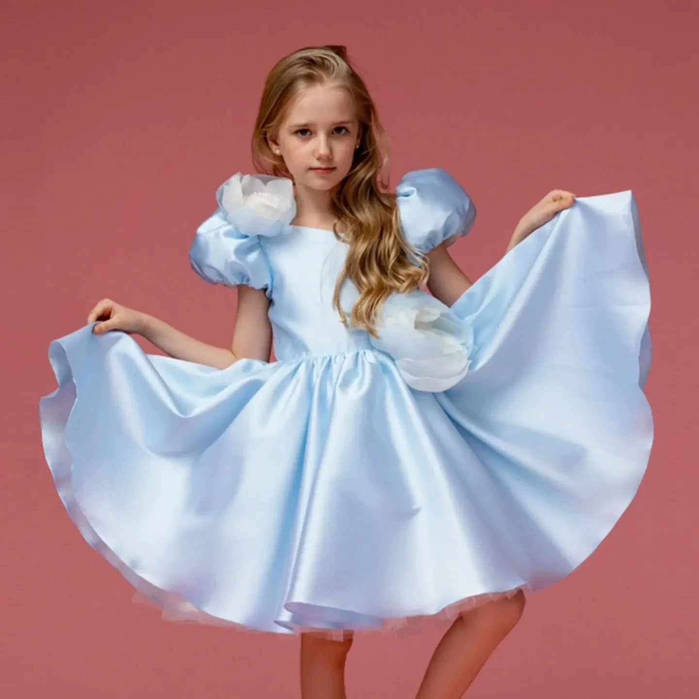 

Customized Sky Blue Flower Girl Dress Puff Sleeve Tulle Flower Accented for Kids Event Spring Summer Cute Knee Length Ball Gowns