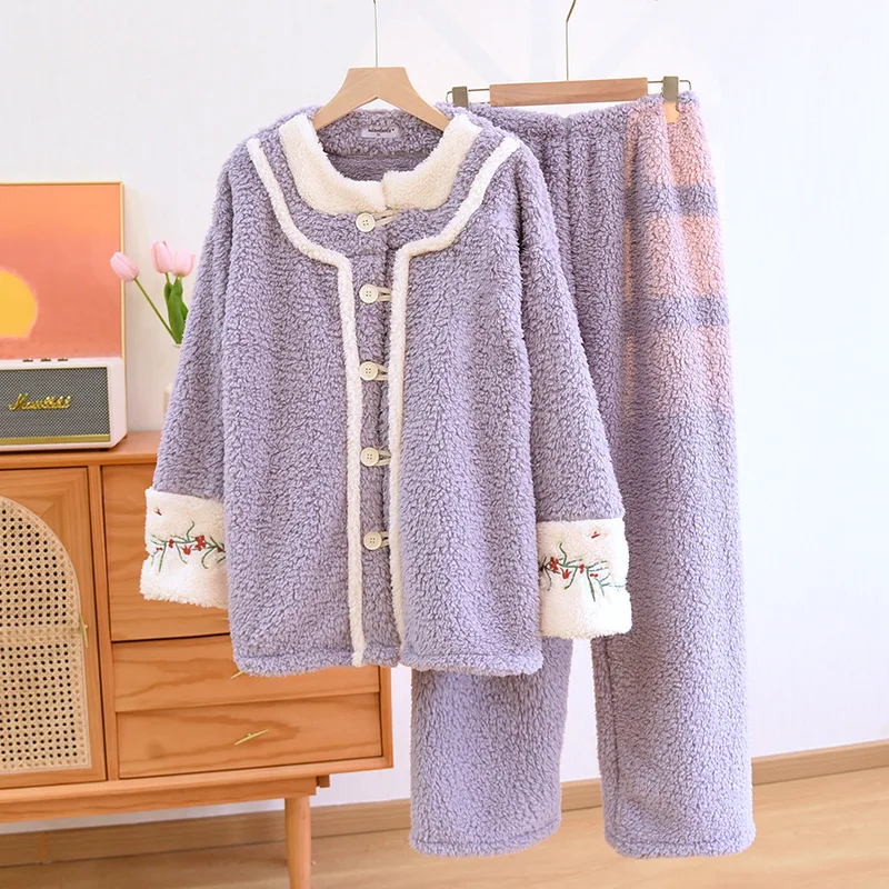 2023 New Women Winter Flannel Embroider Pajamas Set Plush Thick Berber Fleece Warm Two Piece Long Sleeve Pants Home Clothes Suit