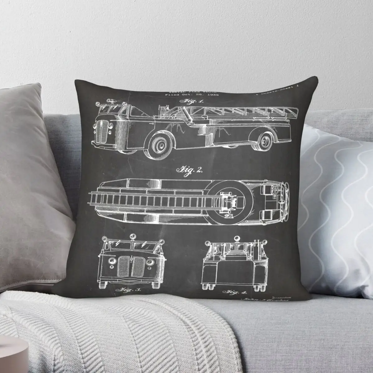 Fire Truck Patent Aerial Fireman Truck Pillowcase Polyester Linen Velvet Creative Zip Decor Home Cushion Cover Wholesale 18