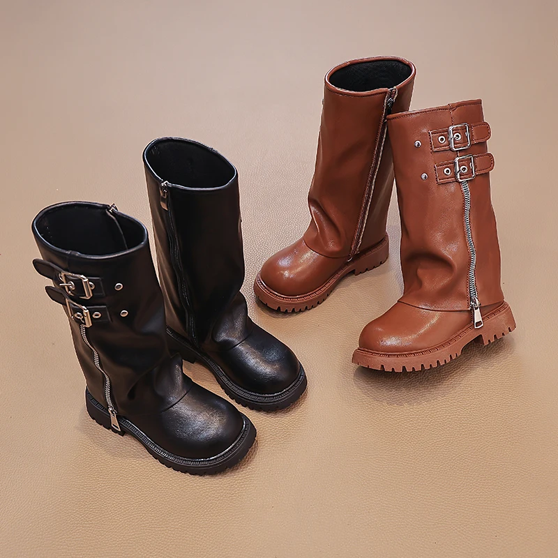Kids Knee High Boots Girls Leather Side Zipper Shoes All‑season Toddler Footwear Casual Long Botas for Children Boys Girls Shoes