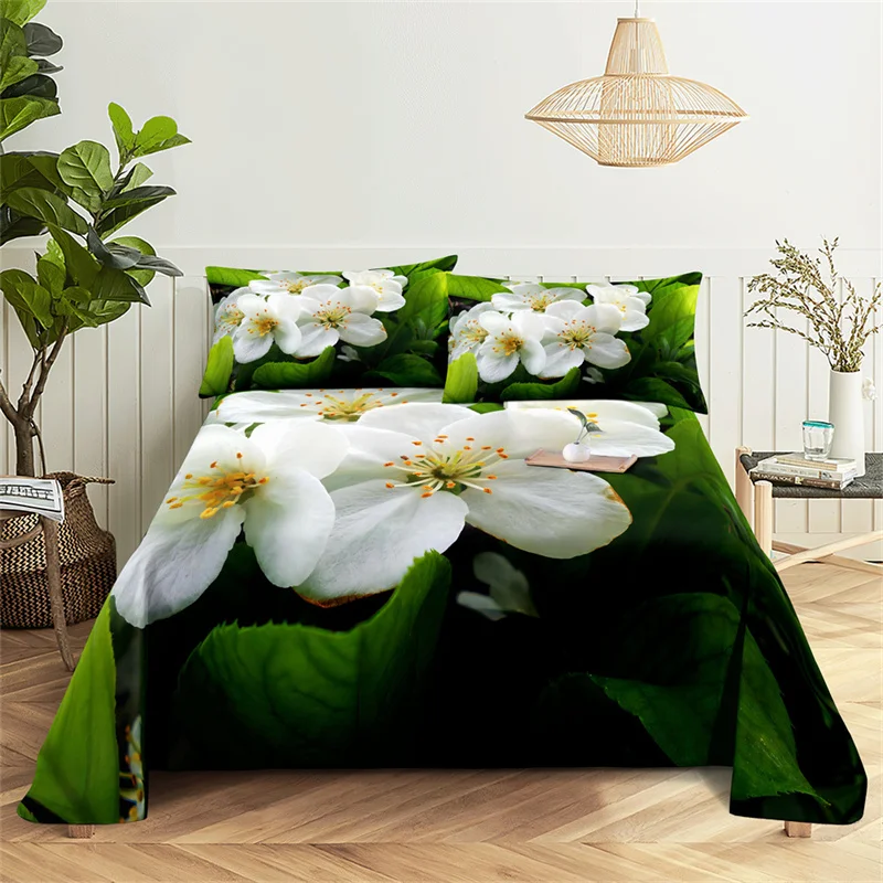 Green Summer Queen Bed Sheet Set, Lovers Room Flowers Bedding, Lençóis planos e fronhas para meninas