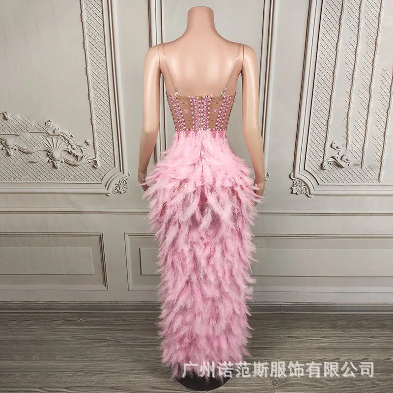 Temperament Pink Fishbone Waist Feather Dress Socialite Birthday High-end Dress Model Catwalk Trendy Clothes Luxury Prom Dresses