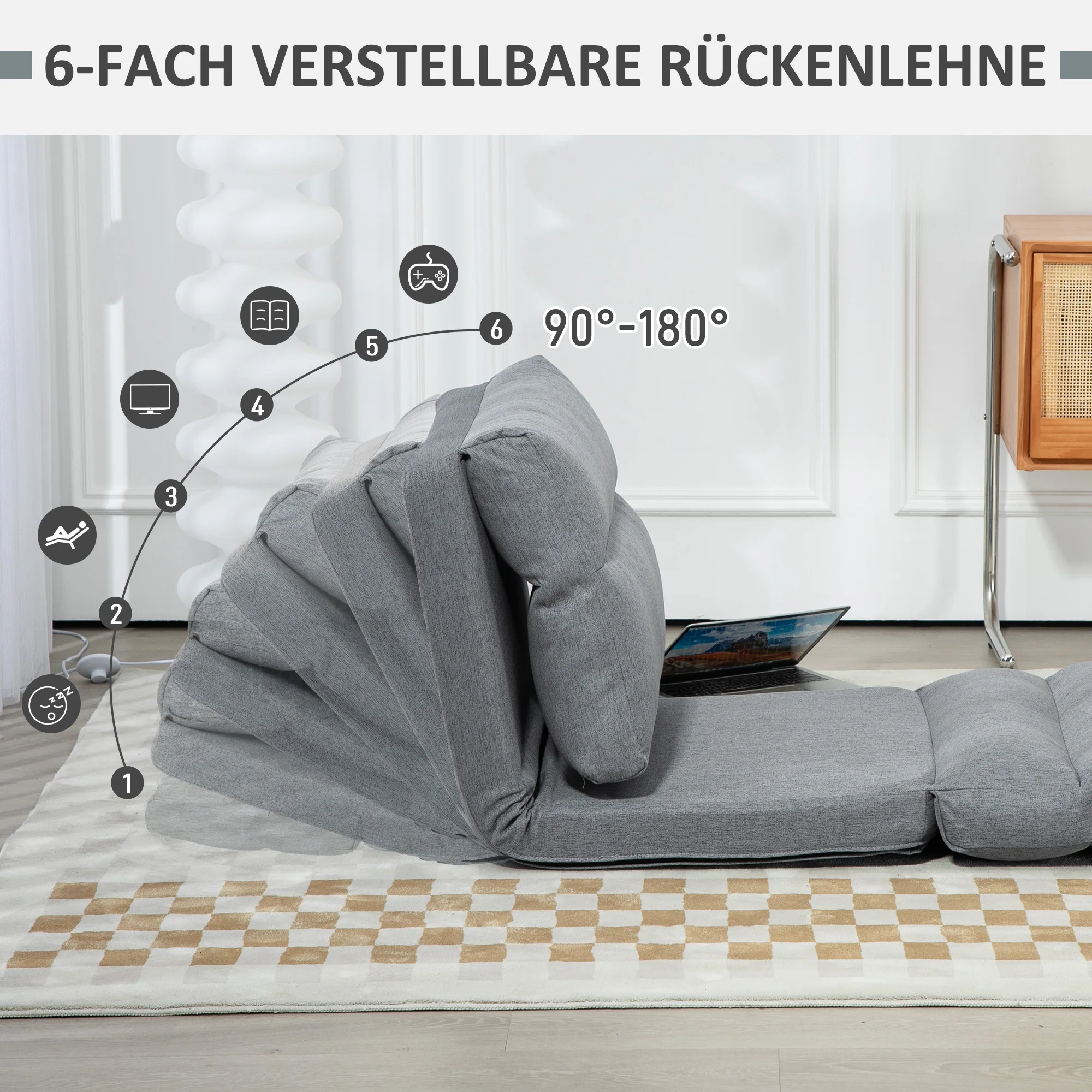 Fauteuil pliant gris 70x41x56cm avec dossier réglable sur 6 niveaux, coussin épais, fonction lit, aspect lin pour la maison et les voyages
