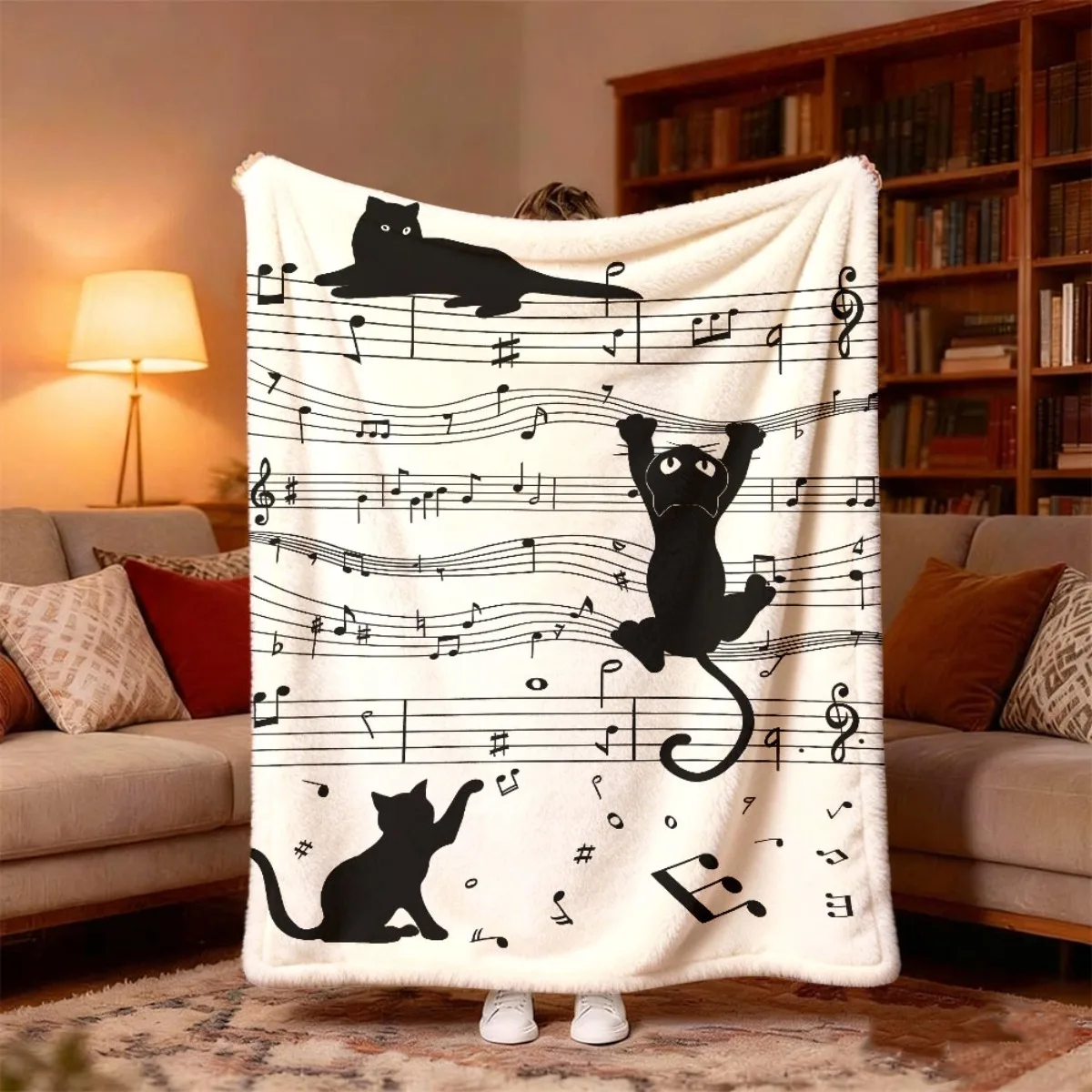 Black Cat Musical Note Throw Blanket  Cute Kitty Silhouette Music Staff Art Decor for Sofa Bedroom Blanket
