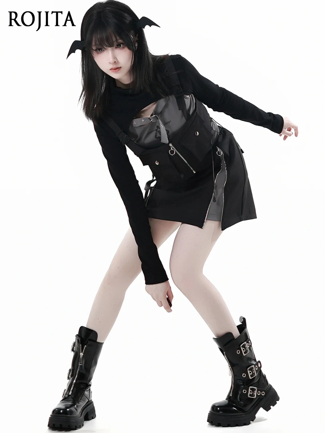 

Subculture Goth Black and Gray Contrasting Skirt Sets Women Autumn New Sweet Cool Girl Long Sleeved Top Zipper Mini Skirt