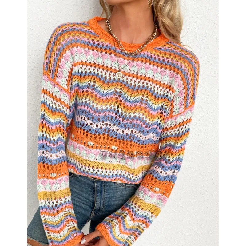 Fashion Color Stripe Knitted Sweaters Women Trendy Patchwork Hollow Out Pullover Sweater Female Autumn Winter Commuting Clothing