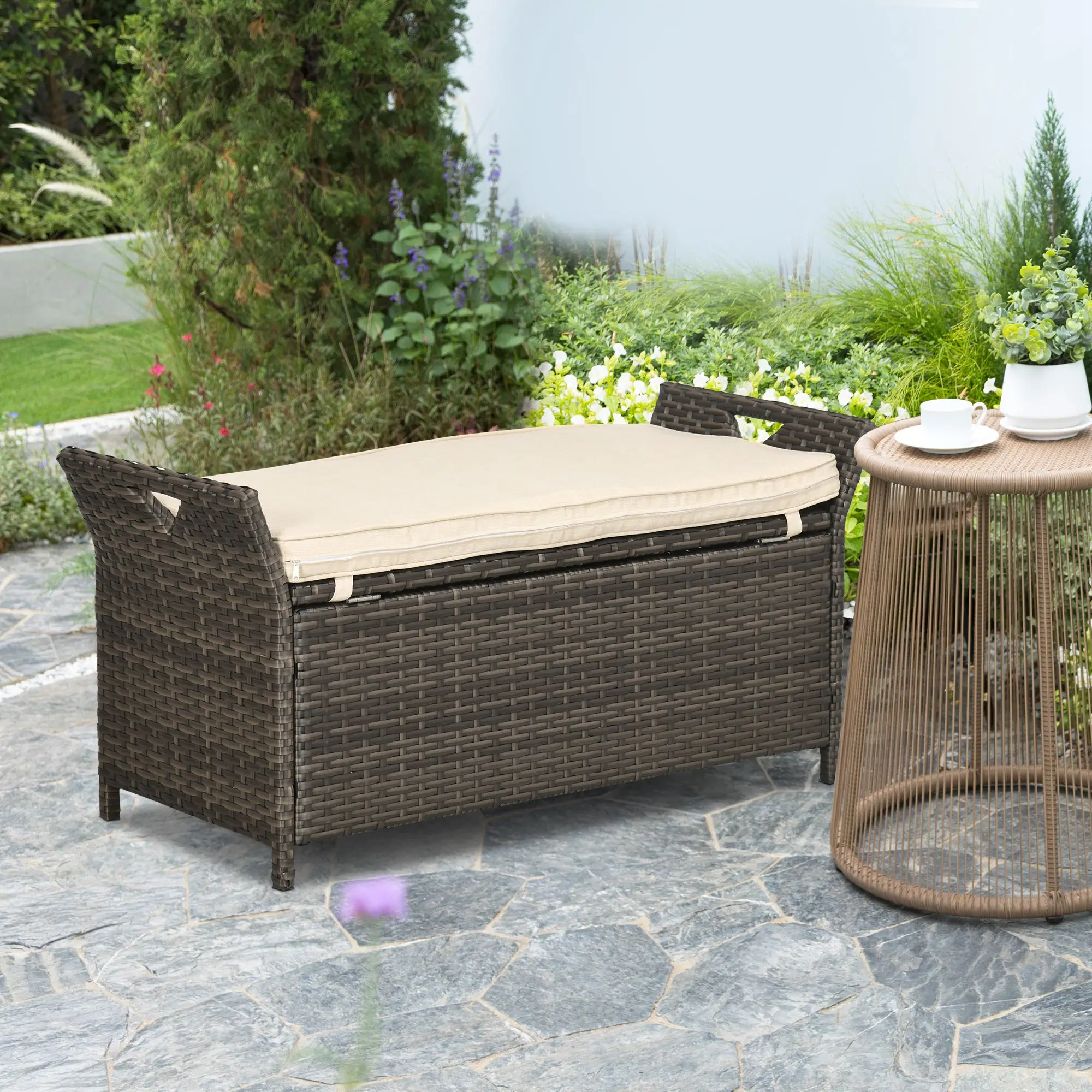 29 Gallon Patio Wicker Storage Bench, Outdoor PE Rattan Patio Furniture, 2-In-1 Large Capacity Rectangle Garden Storage Box