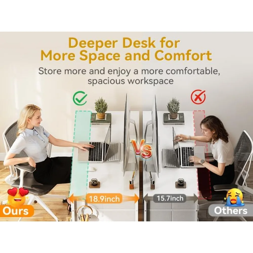 مكتب أبيض مقاس 48 بوصة مع 8 أدراج قماش للمكتب المنزلي الحديث والدراسة والألعاب مع مساحة تخزين كافية