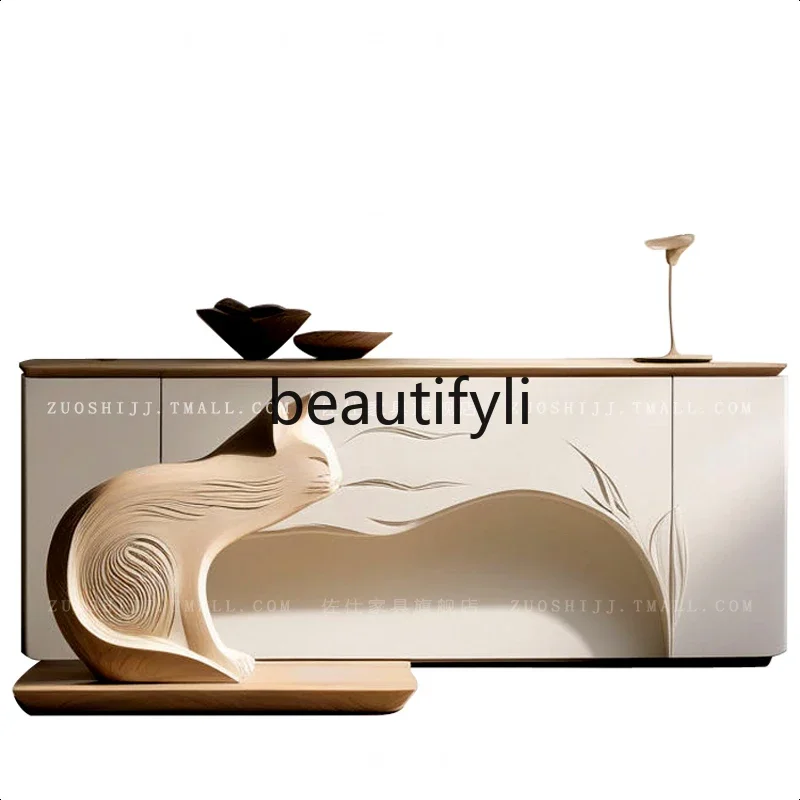 

E182 Cream style modern simple dining side cabinet, medieval style solid wood carved porch cabinet white locker