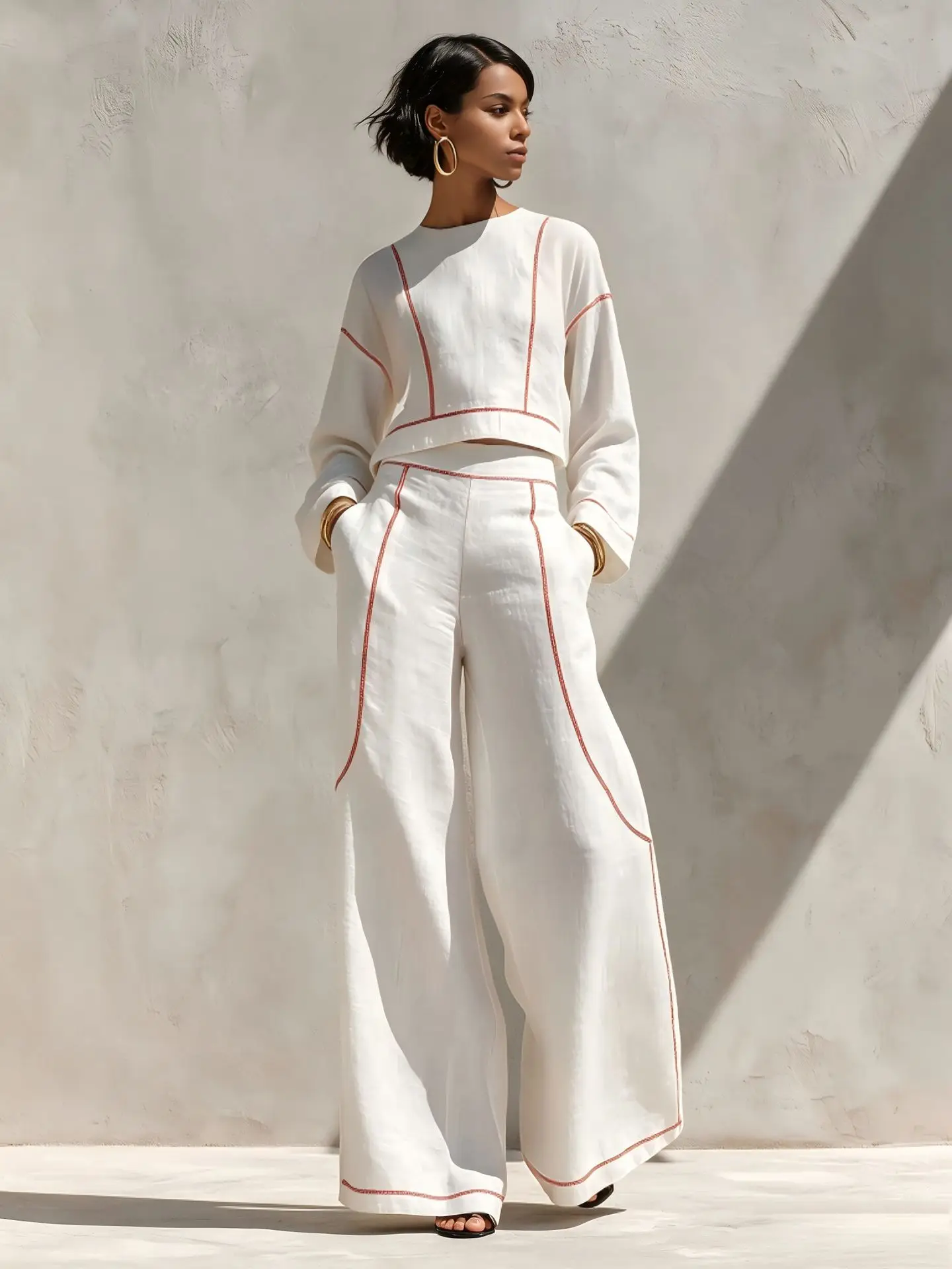 Fashion Autumn Contrast Stitch Two Piece Set Women Round Neck Long Sleeve Crop Top High Waist Wide Leg Pants Casual Vacation Set