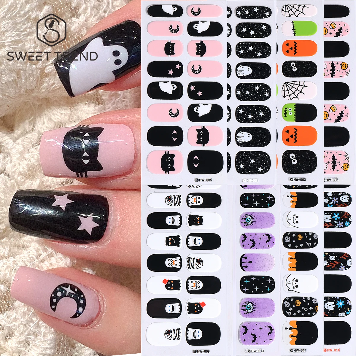 6pcs Adorable Halloween Series Gel Nail Strips Black Cat Ghost Pumpkin Bat Polish Full Cover Disposable Quick Manicure Stickers