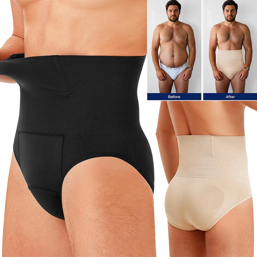 Pantalones cortos de compresión de cintura alta para hombre, ropa interior moldeadora con Control de barriga, faja moldeadora de cuerpo adelgazante