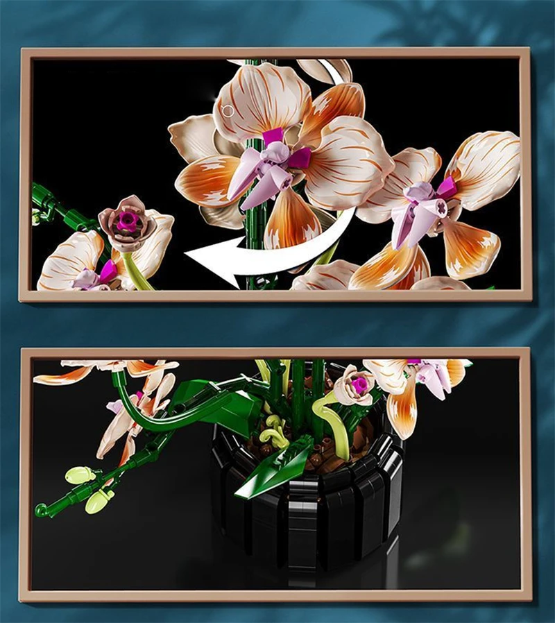 Kreativer Orchideen-Blumenstrauß, Blumen im Topf, Bausteine, unsterbliche Blume, Heim- und Schreibtischpflanzen-Dekoration, zusammenbaubares Baustein-Spielzeug, Geschenk für Teenager. – Detail 15