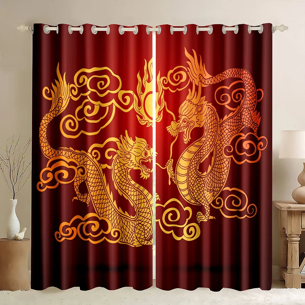 Dragon Blackout Curtains,Eastern Western Fantasy Mythical Magic Dragon Grommet Thermal Insulated Drapes Darkening Window Curtain