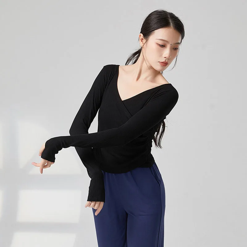 Blusa de manga larga con cuello en V cruzado para mujer, Top fruncido lateral para danza del vientre, disfraz para mujer, Ropa de baile de ejercicio