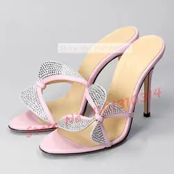 Rhinestone Butterfly High Heels Slippers Women Sweet Pink Elegant Summer Stiletto Heels 2024 Ladies Chic Luxury Flower Shoes