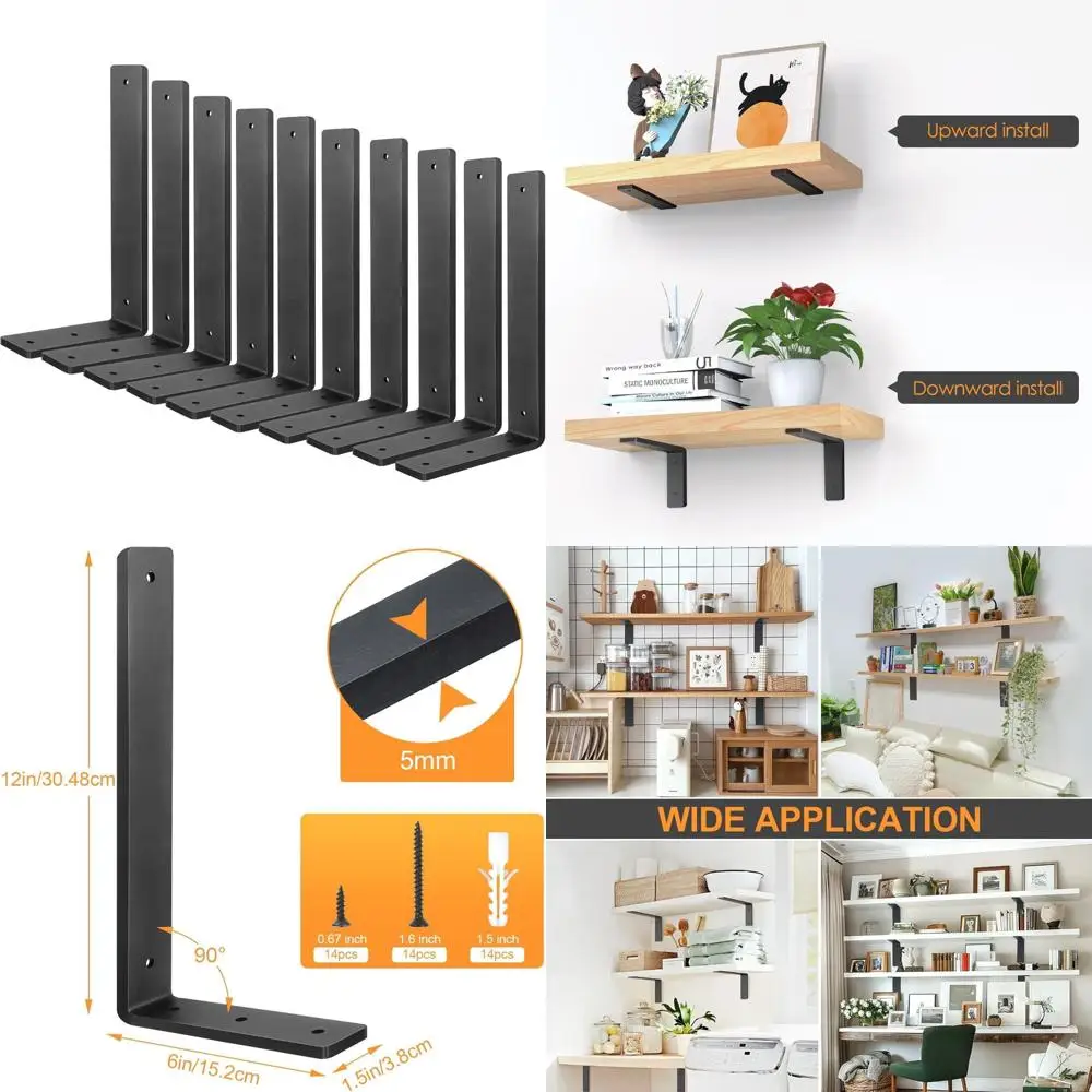 

Heavy Duty 12 Inch Shelf Brackets, 10 Pack, Black Wall Mounting Hardware for DIY Decorative Shelves, Easy Installation