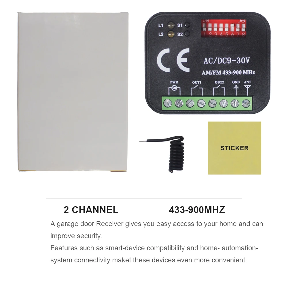 범용 차고 문 수신기 2CH 릴레이 주파수 300-868MHz 433.92MHz 게이트 컨트롤러 스위치 AC/DC 9-30V 85-250V 모듈