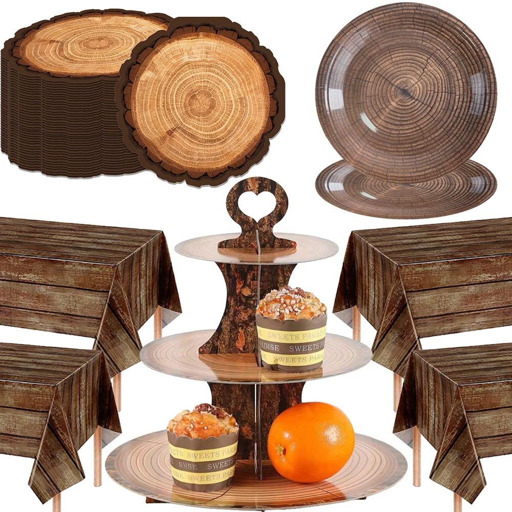 Набор подставок для кексов под дерево, тарелки, голки, скатерть, деревенский лесной лес, товары для кемпинга, дня рождения, украшения, сувениры